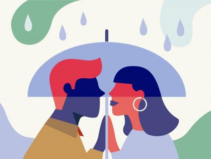 Küssendes Paar unter Regenschirm 