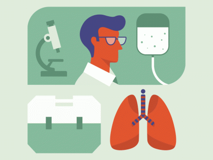 Illustration von Arzt, Mikroskop und Lunge