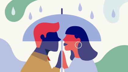 Küssendes Paar unter Regenschirm