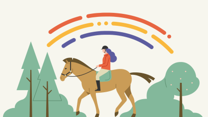 Mädchen auf einem Pferd unter Regenbogen