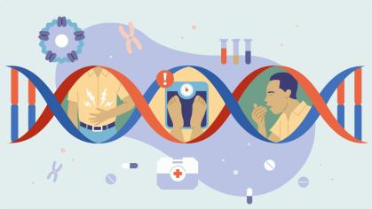 Illustration eines DNA-Stranges mit Symptomen der CF 
